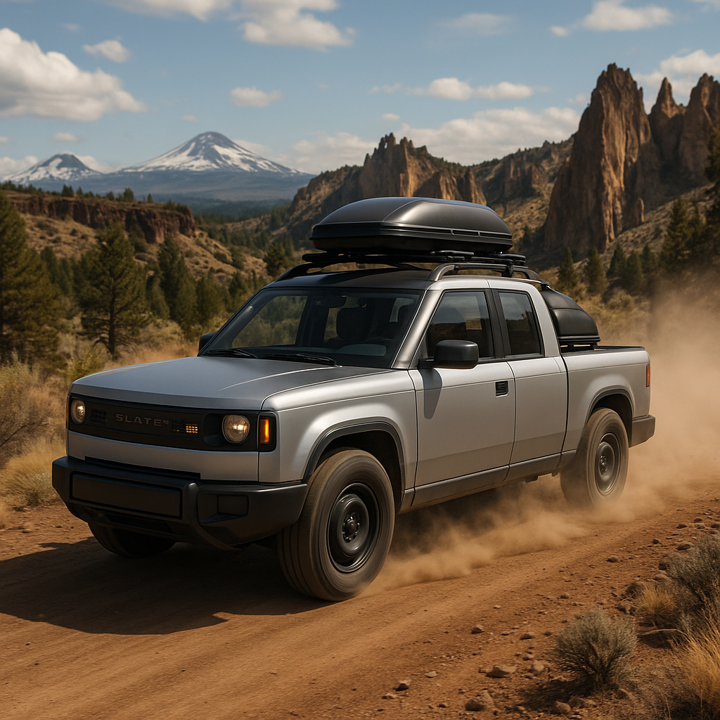 Slate electric truck driving through Central Oregon's rugged landscape with mountains and rock formations in the background